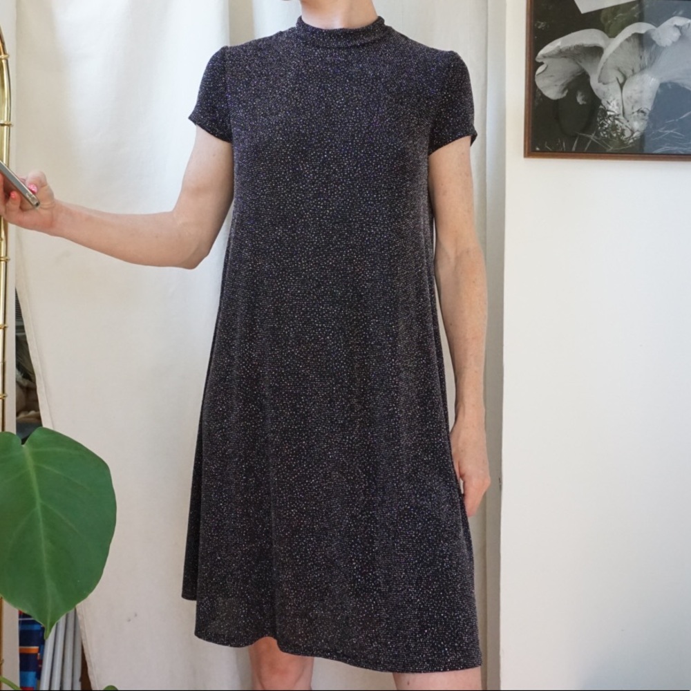 Vintage short sleeve mock neck mini black dress with glitter details
